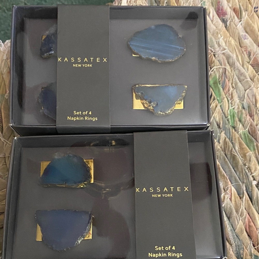 Kassatex Blue Agate Napkin Rings with Gold Trim - Set of 4